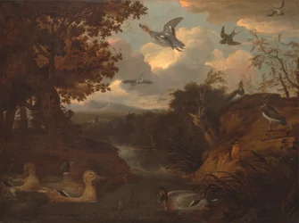 Eenden en andere vogels bij een stroom in een Italiaans landschap