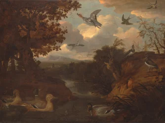 Eenden en andere vogels bij een beekje in een Italianiserend landschap