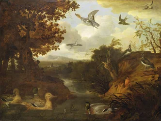 Eenden en andere vogels bij een stroom in een Italiaans landschap