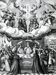 De Gelukkige Instrumenten van de Behoud van Engeland, gepubliceerd door Benjamin Combe na Francis Barlow, april 1681