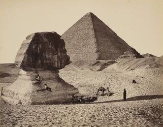 De Sfinx, de Grote Piramide en twee kleinere Piramides, Gizeh, Egypte