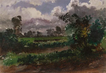 Uitzicht over de tuin van de kunstenaar vanuit zijn huis in Exmouth, Devonshire