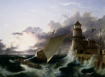 Boot bij een Vuurtoren, een Storm die Wegtrekt