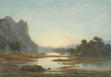 Zonsondergang boven een rivierlandschap