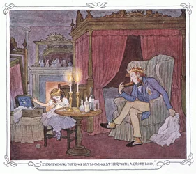 Elke avond zat de koning met een schele blik naar haar te kijken, uit The Magic Fishbone pub.by Warne  Co, c.1940 (kleurenlitho)