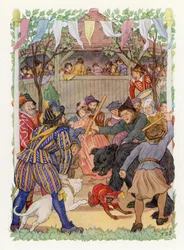 Vrolijk Engeland: De beer lokken (kleurenlitho)