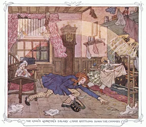 Het salaris van de koning kwam door de schoorsteen rammelen, uit The Magic Fishbone pub.by Warne  Co, ca.1940 (kleurenlitho)