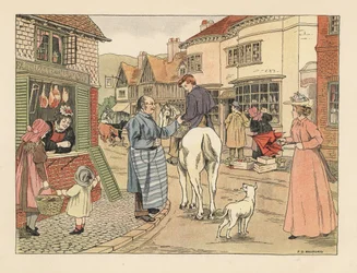 Victoriaanse slager en slagersjongen te paard in een dorpsstraat. Chromolithografie naar een illustratie van Francis Donkin Bedford uit The Book of Shops van Edward Verrall Lucas.