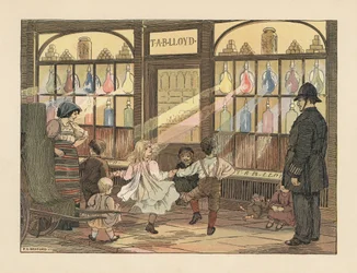 Victoriaanse kinderen dansen voor een apotheek terwijl een politieagent toekijkt. Chromolithografie naar een illustratie van Francis Donkin Bedford uit The Book of Shops van Edward Verrall Lucas.