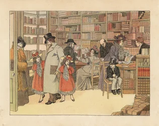 Victoriaanse klanten in een boekwinkel. Chromolithografie naar een illustratie van Francis Dorkin Bedford uit The Book of Shops van Edward Verrall Lucas, Grant Richards, Londen.