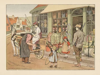 Victoriaanse familie bij Henry Hoop, de ijzerhandelaar in het dorp. Chromolithografie naar een illustratie van Francis Donkin Bedford uit The Book of Shops van Edward Verrall Lucas.