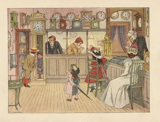 Victoriaanse familie bij de horlogemaker. Kinderen spelen in een staande klok, terwijl een bediende een horloge repareert. Chromolithografie naar een illustratie van Francis Donkin Bedford uit The Book of Shops van Edward Verrall Lucas.