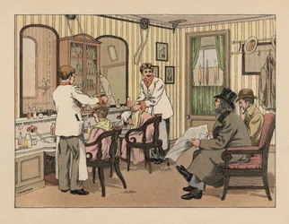 Victoriaanse heren die hun haar laten wassen en behandelen met een haarborstelmachine in een kapperszaak. Chromolithografie naar een illustratie van Francis Donkin Bedford uit The Book of Shops van Edward Verrall Lucas.