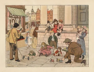 Victoriaanse stoeprandenverkopers verkopen penny-speelgoed aan kinderen in een Londense straat. Chromolithografie naar een illustratie van Francis Donkin Bedford uit The Book of Shops van Edward Verrall Lucas.