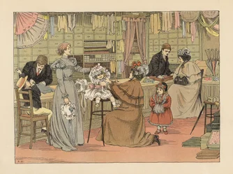 Victoriaanse moeders en kinderen passen hoeden bij de hoedenmaker. Chromolithografie naar een illustratie van Francis Donkin Bedford uit The Book of Shops van Edward Verrall Lucas.