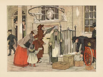 Victoriaanse mensen posten brieven in de buurt van eerste kerstdag op het postkantoor. Chromolithografie naar een illustratie van Francis Donkin Bedford uit The Book of Shops van Edward Verrall Lucas.