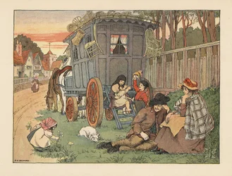 Victoriaanse reizende basketbalmakers met hun waren op het dak van hun caravan. Chromolithografie naar een illustratie van Francis Donkin Bedford uit The Book of Shops van Edward Verrall Lucas.