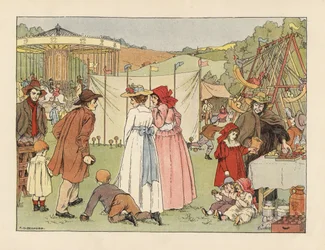 Victoriaanse jongeren bij een kokosnootschuwe, kinderen op schommels en draaimolen op een dorpskermis. Chromolithografie naar een illustratie van Francis Donkin Bedford uit The Book of Shops van Edward Verrall Lucas.
