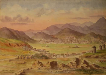 Gezicht op Smandria en Kondia op het eiland Lemnos, Griekenland, april 1917 (aquarel op papier)
