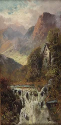 Molen, waterval en berg, Bodhyfryd (olieverf op board)