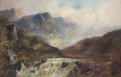 Bergen, molen en waterval (olieverf op doek)