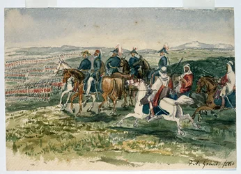 De Garde en Hooglanders ontvangen door Omar Pasha en Maarschalk St Arnaud onder bevel van de Hertog van Cambridge bij Aladyn, 6 juli 1854