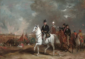 De Burggraaf Hardinge, Gouverneur-generaal van India, vergezeld door zijn twee zonen en Kolonel Wood, op het slagveld van Ferozeshah