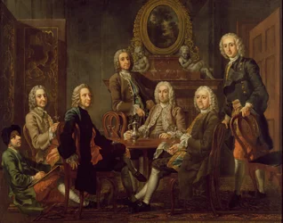 Portret van een groep heren, met de kunstenaar, c.1745