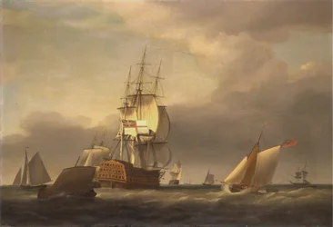 Een zeeschap met oorlogsschepen en kleine vaartuigen