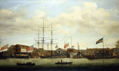 Een kleine scheepswerf aan de Theems, Engeland, met twee boten in aanbouw
