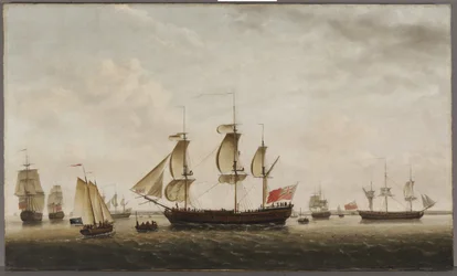 De schepen van kapitein Cook, HMS Resolution en Adventure, in de Long Reach, 1772