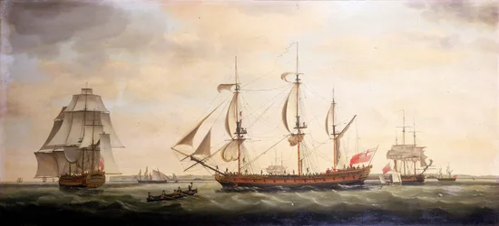Drie uitzichten van het Indiaman-schip 
