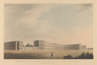 Perspectiefzicht op de Crescent nu in aanbouw nabij de stad Birmingham