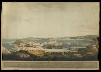Zuidelijk uitzicht op Corunna vanaf de hoogten bij het klooster van St. Margaret, gegraveerd door H. Merke, gepubliceerd in 1809