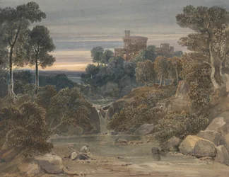 Landschap met kasteel, waterval en stroom op de voorgrond