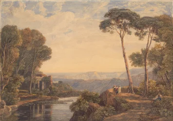 Landschap met een Tempel en Figuren bij een Rivier