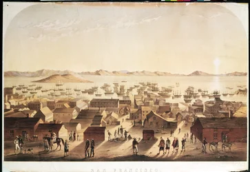 Een algemeen uitzicht op San Francisco, uitgegeven door M und N Hanhart, c.1850-52