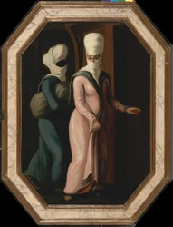 Een Turkse dame gaat met haar slaaf naar het bad, ca 1760
