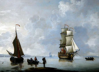 Een Brits oorlogsschip wordt naar anker gesleept