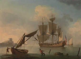 Een Engelse sloep kalm bij de kust