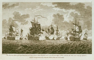 Twaalf Prenten van Zeegevechten. De Glorieuze Actie bij Kaap Francois 21 oktober 1757, tussen de Engelsen en zeven Franse oorlogsschepen waarbij de laatsten volledig werden verslagen.