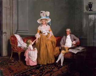 Een familieportret, de vader zittend, de moeder en dochter staand, in een interieur, 18e eeuw