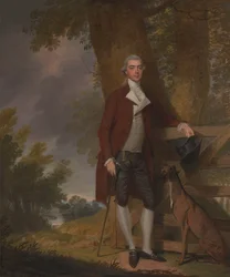 Een heer en zijn hond in een landschap
