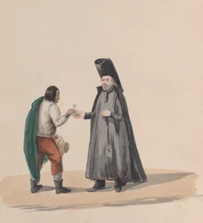 Een kanunnik die een kruisbeeld aan een man overhandigt, uit een groep tekeningen van Peruaanse kostuums