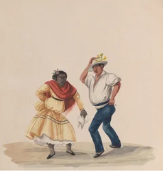 Een man en een vrouw dansen, uit een groep tekeningen die Peruaanse kostuums uitbeelden, 1848
