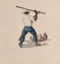 Een man van achteren gezien die een hond met een stok slaat, ca. 1848
