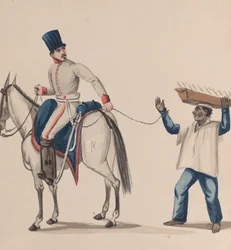 Een soldaat te paard die een touw vasthoudt dat een inheemse slaaf beveiligt die een bord balanceert, ca. 184