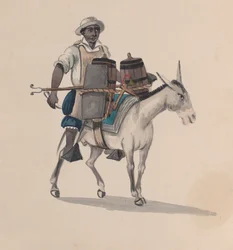 Een waterdrager rijdend op een ezel, uit een groep tekeningen die Peruaanse kostuums uitbeelden, ca. 1848