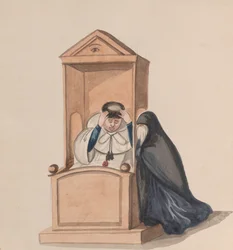 Een vrouw biecht bij een priester, uit een groep tekeningen die Peruaanse kostuums uitbeelden, ca. 1848