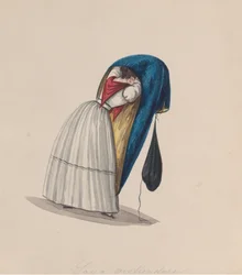 Een vrouw die haar saya aantrekt gezien van achteren